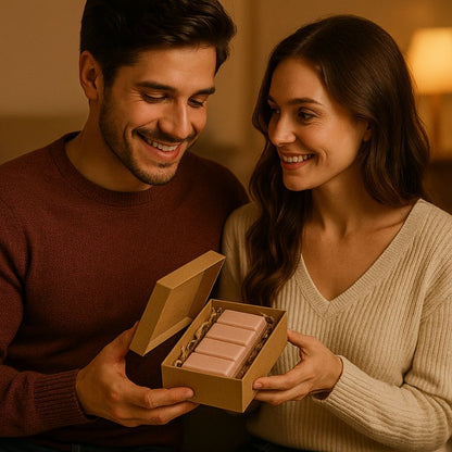 Fondant Parfumé Snapbar Bois de Oud, deux personnes tiennent le coffret-cadeau avec le fondant parfumé à l’intérieur. Ambiance romantique