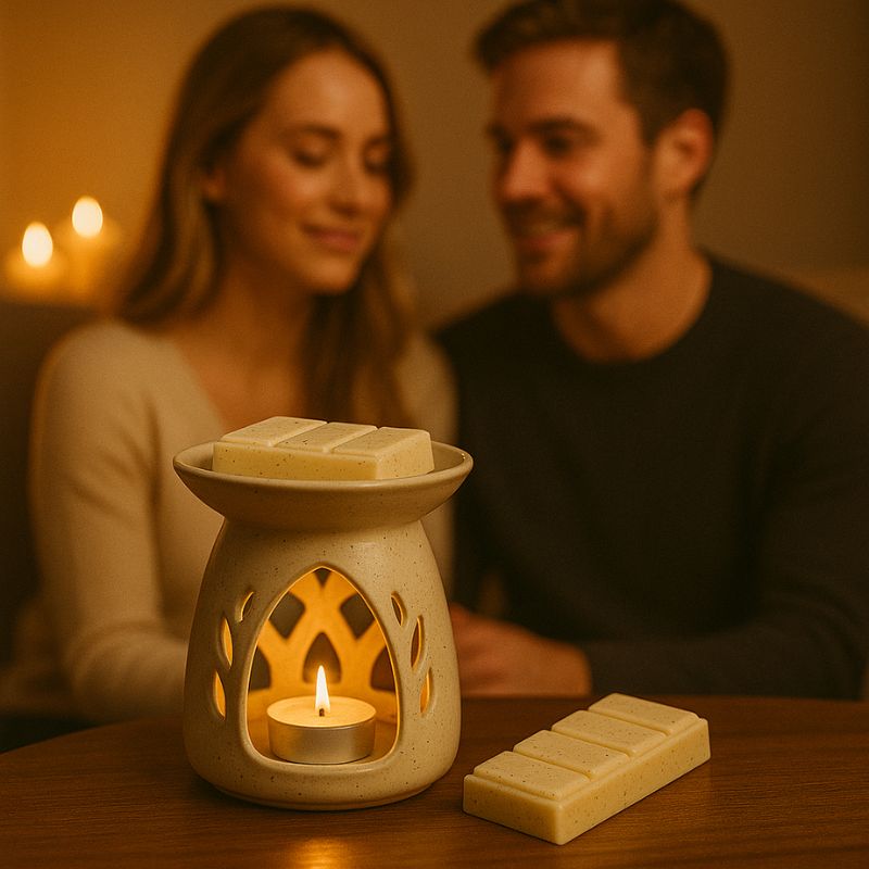 Fondant Parfumé Snapbar Bûche de Noël, la tablette est dans le brûleur allumé et dans une ambiance romantique avec deux amoureux en arrière-plan.