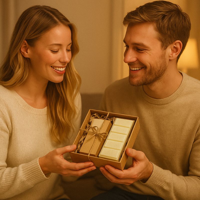 Fondant Parfumé Snapbar Bûche de Noël, deux personnes sont en train de s'offrir un coffret-cadeau avec le fondant parfumé à l’intérieur.