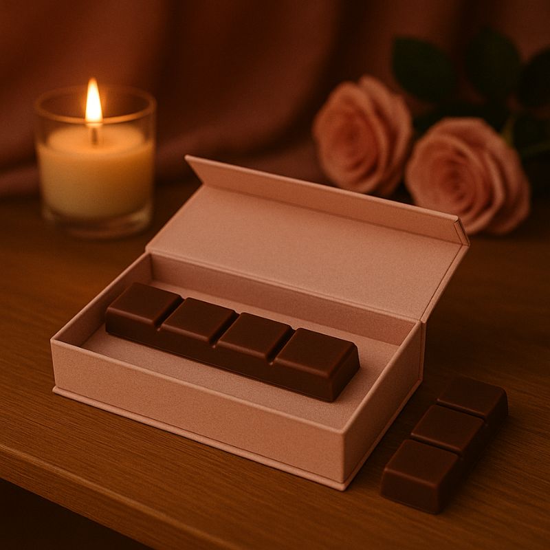 Fondant Parfumé Snapbar Cola, le fondant est disposé dans un coffret-cadeau dans une ambiance romantique.