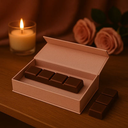 Fondant Parfumé Snapbar Cola, le fondant est disposé dans un coffret-cadeau dans une ambiance romantique.