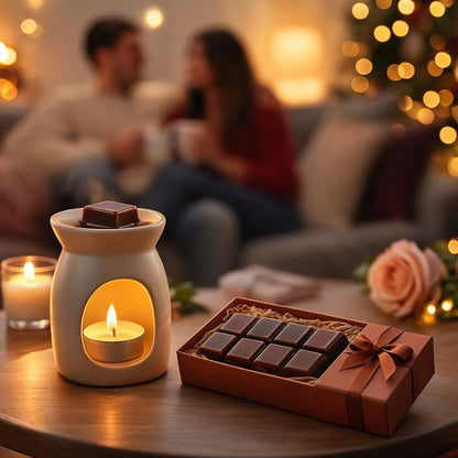 Fondant Parfumé Snapbar Cola, un brûleur et une tablette de fondant sont placés sur une table dans une ambiance romantique.