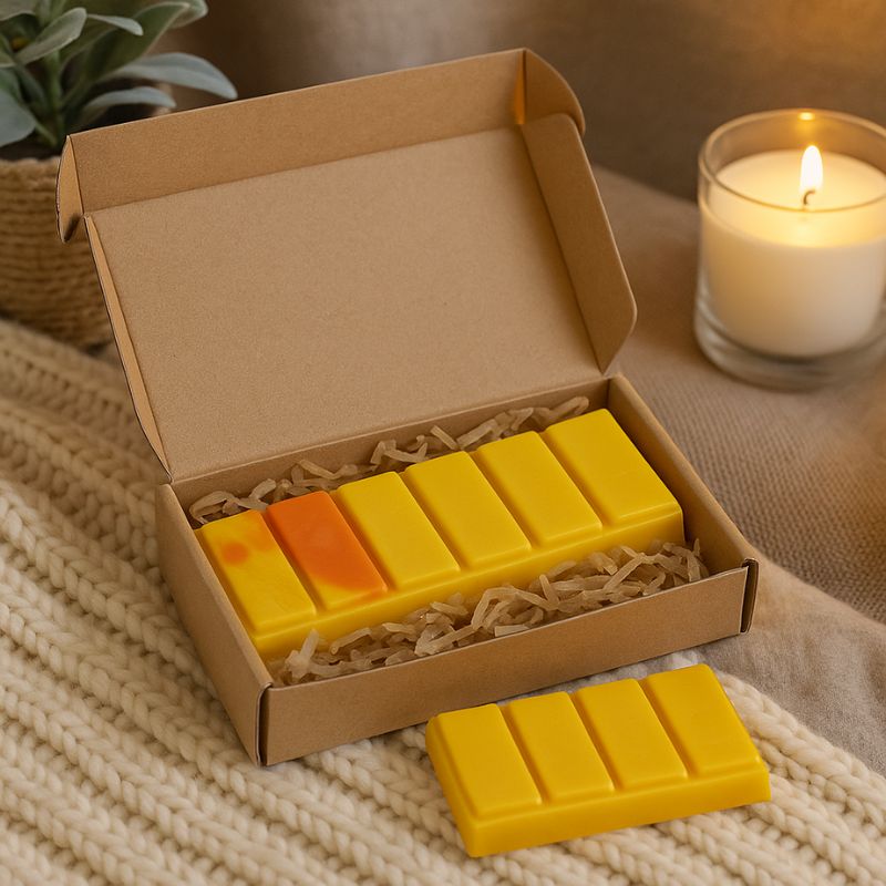 Fondant Parfumé Snapbar Feu de Bois, le barre de fondant parfumé est mise dans une boîte cadeau et posé sur une table avec un effet cosy chic.