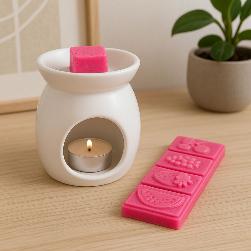 Fondant Parfumé Snapbar Fruit du Dragon, un morceau de tablette est dans le brûleur et l'autre partie est posé sur la table, ambiance cosy.