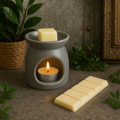 Fondant Parfumé Snapbar Nougat Blanc, le fondant est dans le brûleur allumé et dans une ambiance industriel.