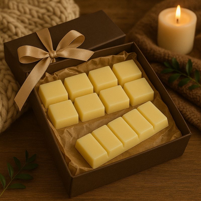 Fondant Parfumé Snapbar Nougat Blanc, le fondant parfumé dans un coffret-cadeau, avec une bougie allumée et dans une ambiance cosy.