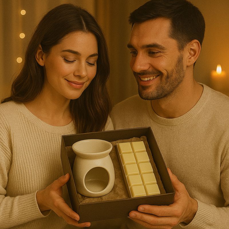 Fondant Parfumé Snapbar Nougat Blanc, des amoureux tiennent un coffret-cadeau avec un brûle parfum et une tablette de fondant parfumé à l’intérieur.