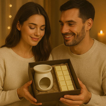 Fondant Parfumé Snapbar Nougat Blanc, des amoureux tiennent un coffret-cadeau avec un brûle parfum et une tablette de fondant parfumé à l’intérieur.