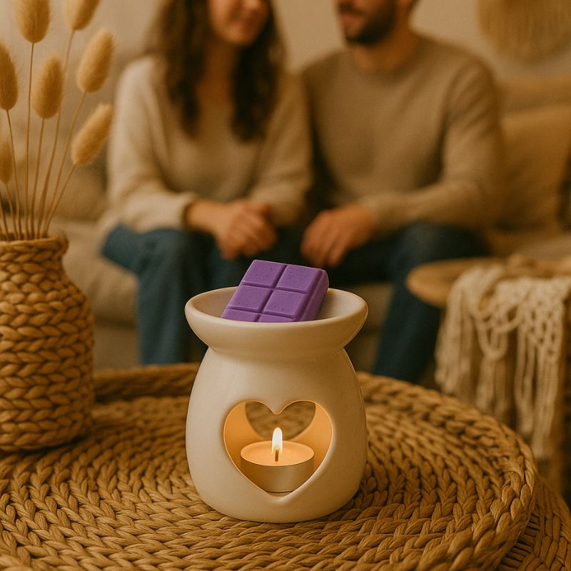 Fondant Parfumé Snapbar Vin Chaud, la tablette est disposée dans le brule parfum, il est allumé et dans une ambiance bohème.