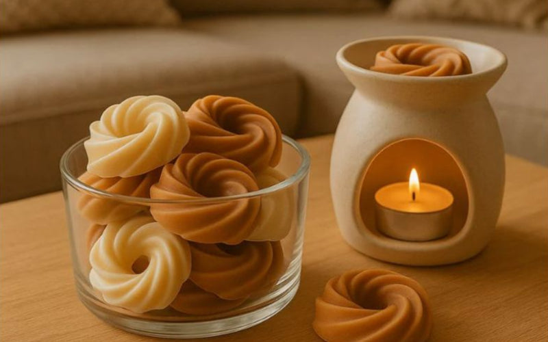 Fondant Parfumé Spirale, ils sont disposés dans un contenant en verre et il y a un brule parfum allumé à côté. Ambiance chaleureuse.