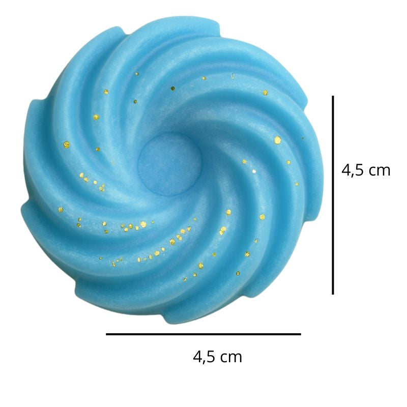 Fondant Parfumé Spirale Adoucissant, avec ses dimensions et sur fond blanc.