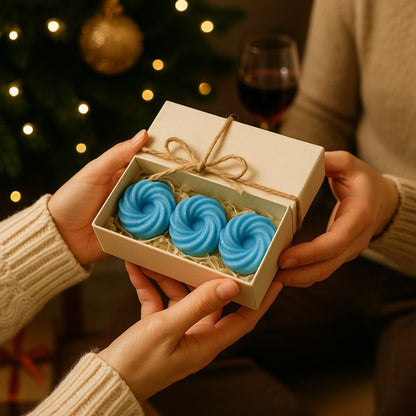 Fondant Parfumé Spirale Adoucissant, deux personnes s'offrent un coffret cadeau avec des fondants parfumés à l’intérieur.