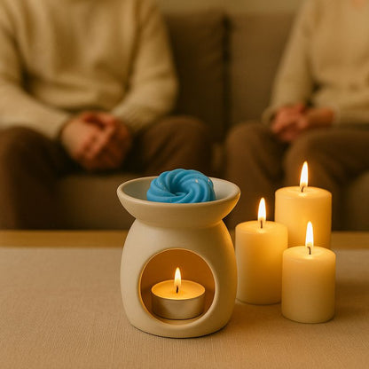 Fondant Parfumé Spirale Adoucissant, disposé dans un brule-parfum allumé, disposé sur une table en bois avec d'autres bougies à côté. Ambiance cosy.