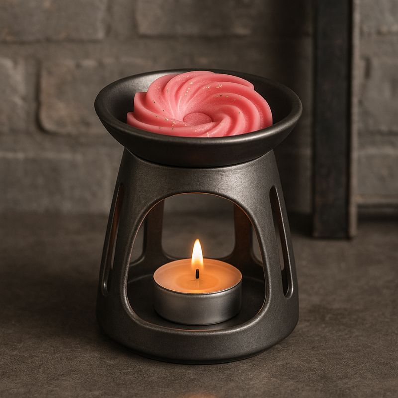 Fondant Parfumé Spirale Barbe à Papa, disposé dans un brule parfum gris et allumé. Ambiance industrielle.