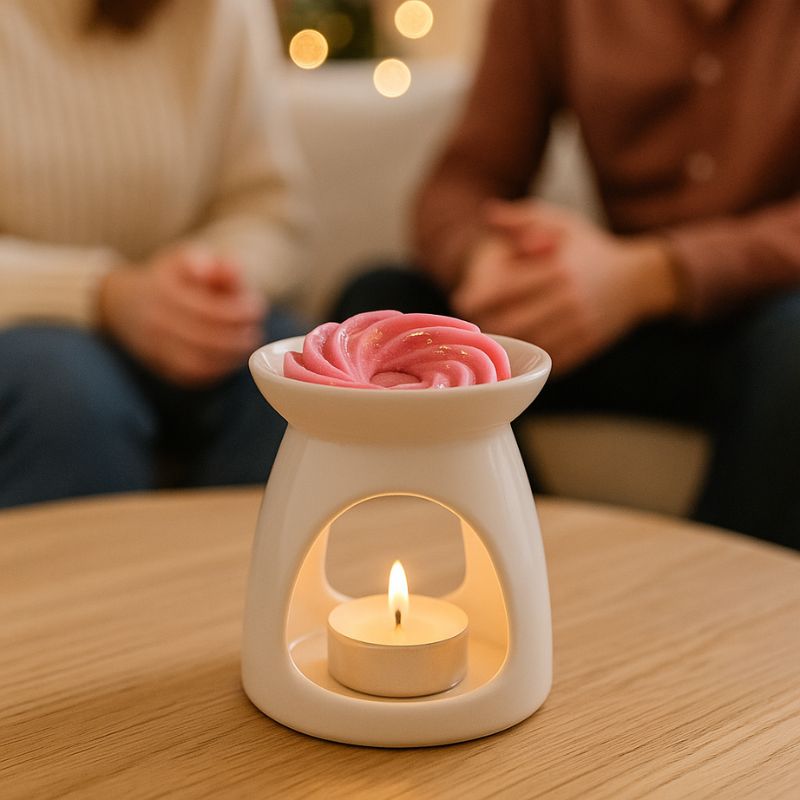 Fondant Parfumé Spirale Barbe à Papa, disposé dans un brûleur allumé posé sur une table en bois. Ambiance cocooning.