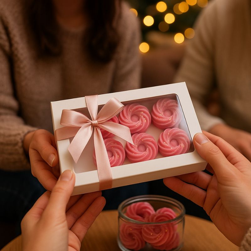 Fondant Parfumé Spirale Barbe à Papa, dans un coffret cadeau que deux personnes s'offrent.