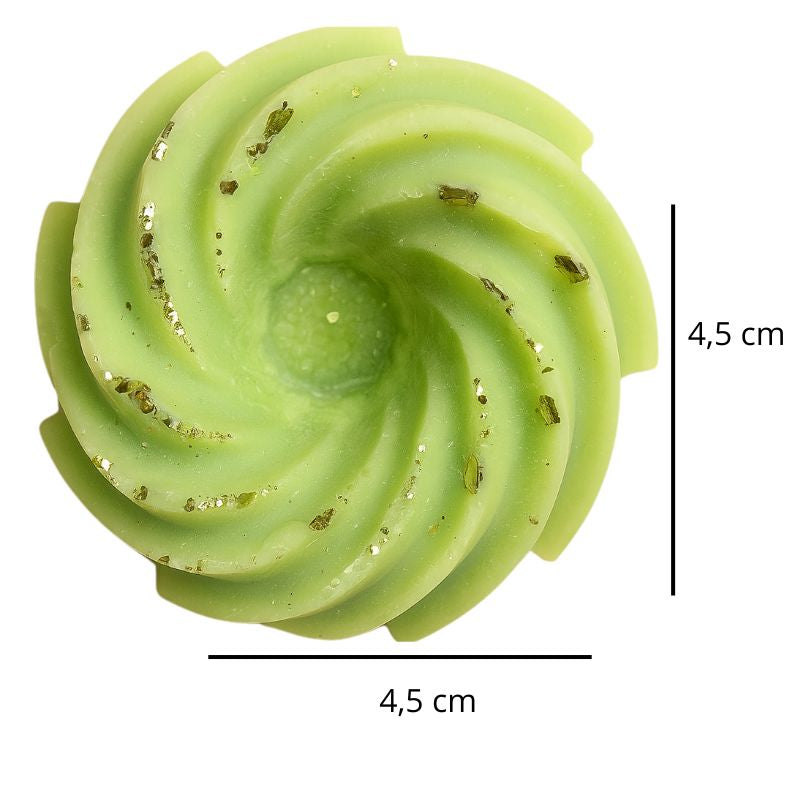 Fondant Parfumé Spirale Chanvre, avec ses dimensions et sur fond blanc.
