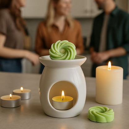 Fondant Parfumé Spirale Chanvre, disposé dans un brule parfum allumé, il y a d'autres bougies à côté.