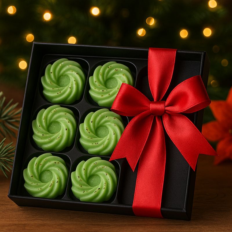 Fondant Parfumé Spirale Chanvre, disposé dans une boite cadeau avec un noeud rouge. Ambiance de Noël.