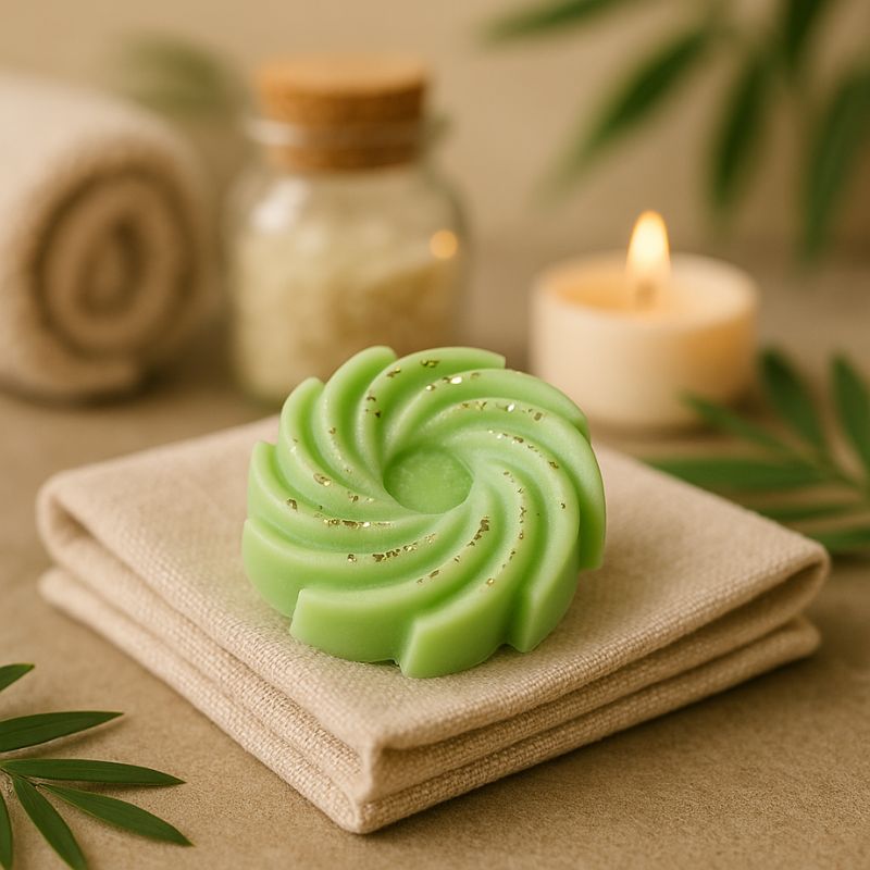 Fondant Parfumé Spirale Chanvre, posé sur une serviette chic et dans une ambiance zen.