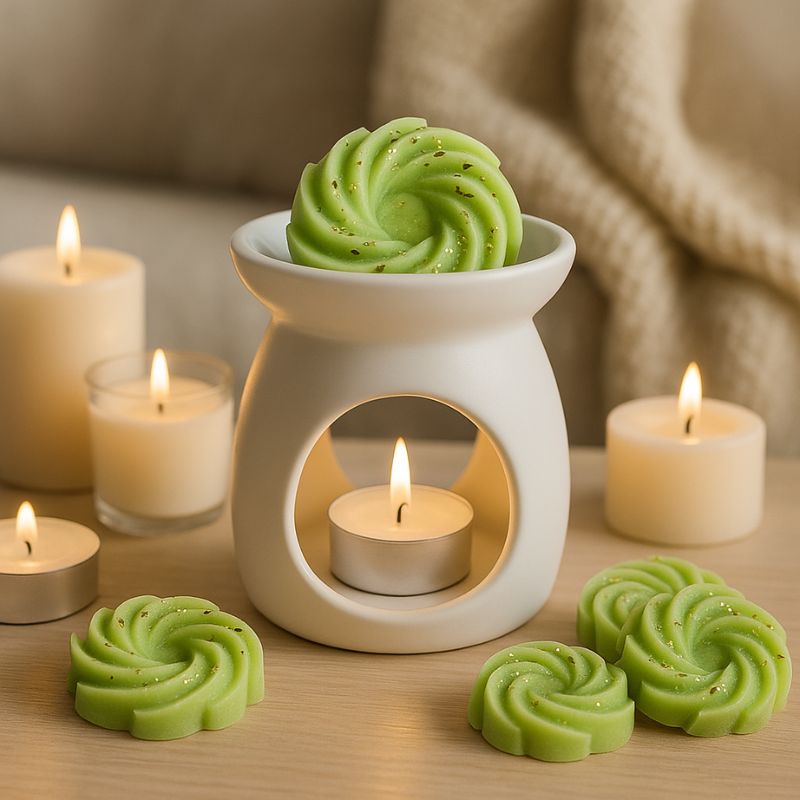 Fondant Parfumé Spirale Chanvre, dans un brule parfum de couleur blanche, le fondant parfumé y fond doucement.