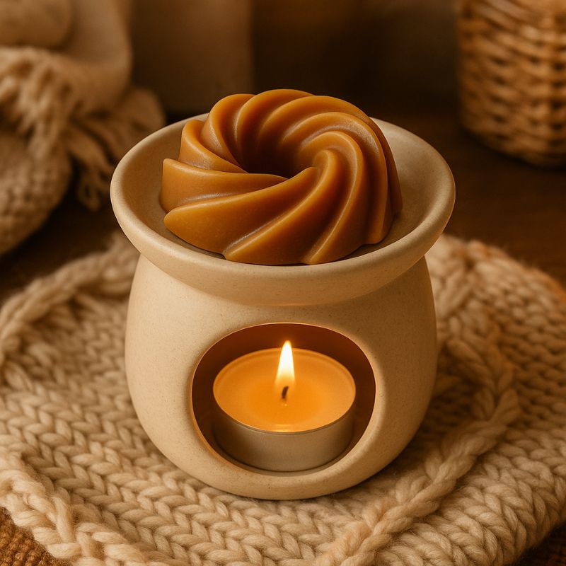 Fondant Parfumé Spirale Chocolat Cacahuète, disposé dans un brûleur et allumé et dans une ambiance bohème.