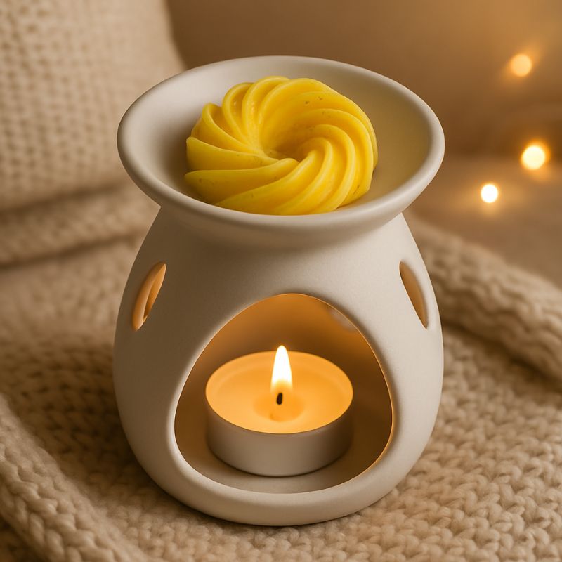 Fondant Parfumé Spirale Citron Meringué, disposé dans un brûleur blanc et allumé, dans une ambiance cocooning.