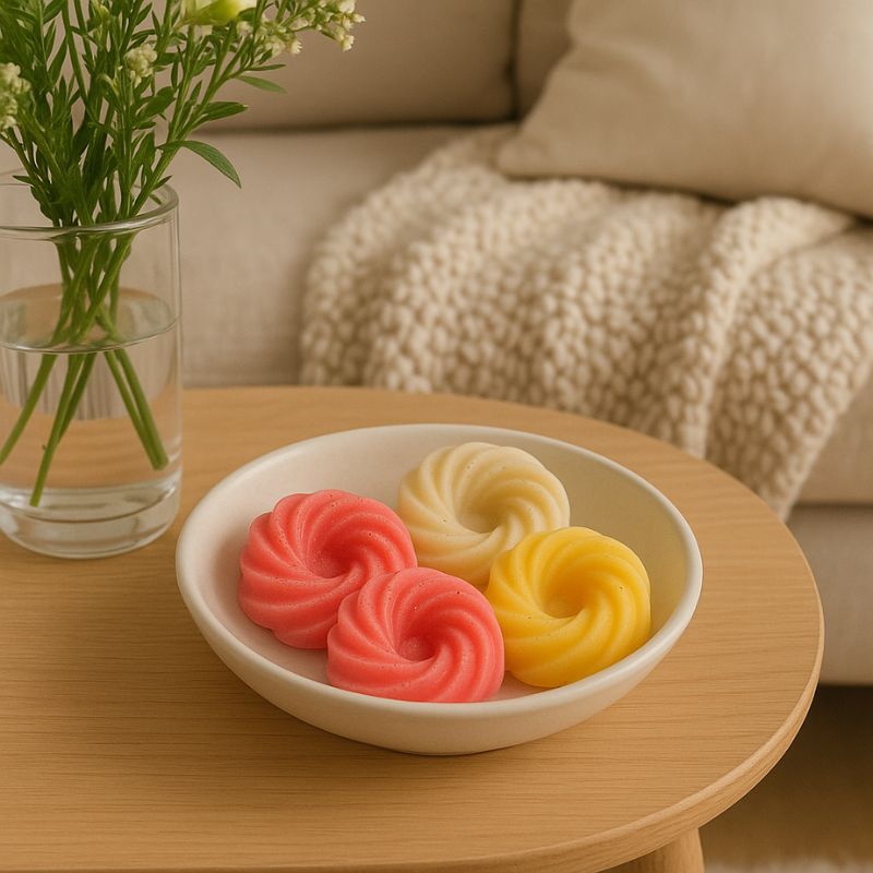 Fondant Parfumé Spirale Citron Meringué, disposé dans une coupelle avec plusieurs fondants parfumés en décoration et dans une ambiance scandinave.