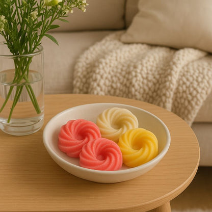 Fondant Parfumé Spirale Citron Meringué, disposé dans une coupelle avec plusieurs fondants parfumés en décoration et dans une ambiance scandinave.