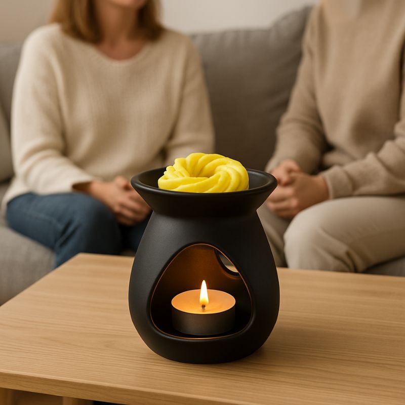 Fondant Parfumé Spirale Citron Meringué, de couleur jaune, disposé dans une brûle parfum noir et allumé posé sur une table en bois.