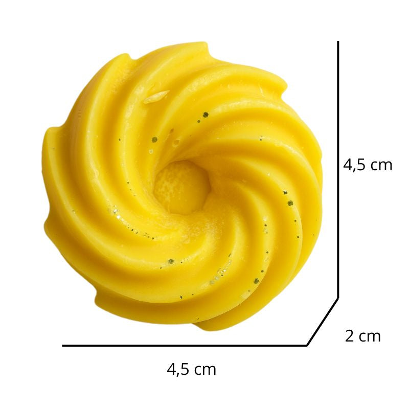 Fondant Parfumé Spirale Citron Meringué, avec ses dimensions et sur fond blanc.