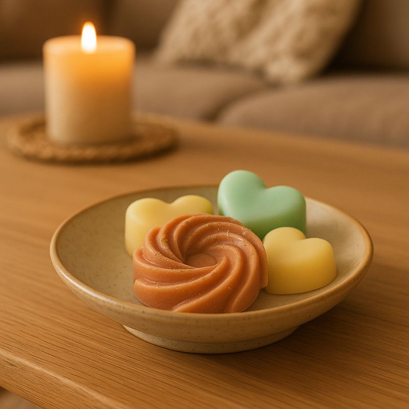 Fondant Parfumé Spirale Cookie Chocolat, disposé dans une coupelle avec d'autre fondant parfumé et posé sur une table en bois.