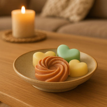 Fondant Parfumé Spirale Cookie Chocolat, disposé dans une coupelle avec d'autre fondant parfumé et posé sur une table en bois.