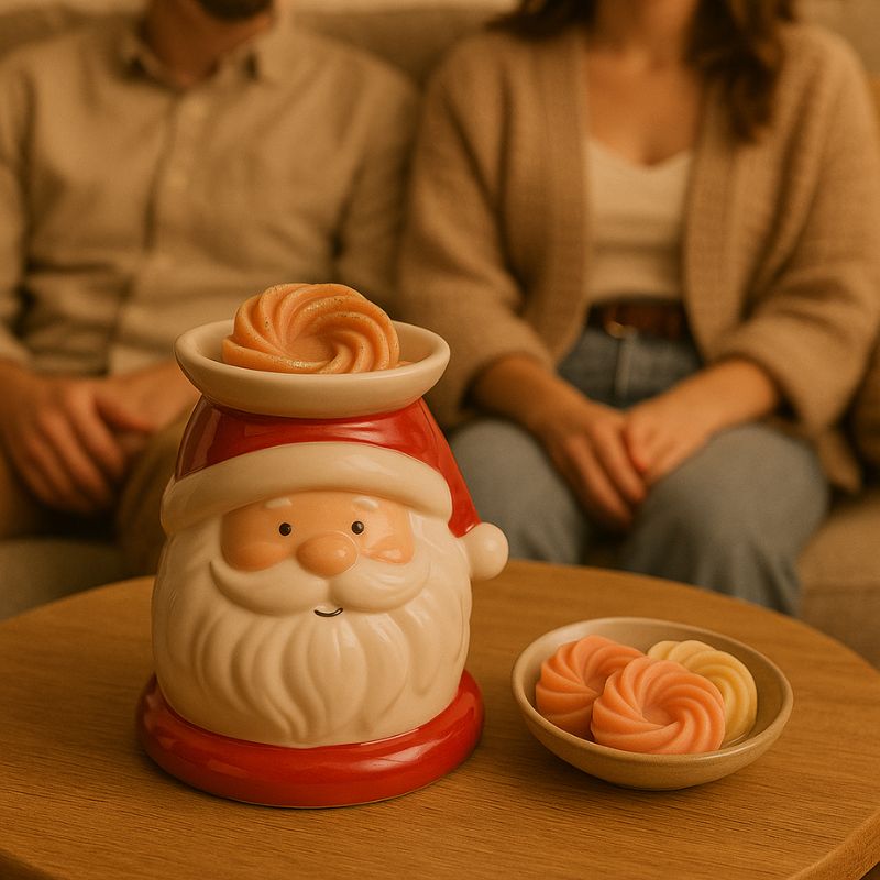 Fondant Parfumé Spirale Cookie Chocolat, il y a un brûleur en forme de père Noël avec du fondant parfumé dedans. Le tout posé sur une table en bois.