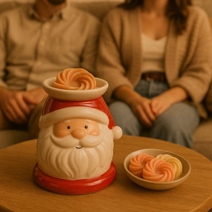 Fondant Parfumé Spirale Cookie Chocolat, il y a un brûleur en forme de père Noël avec du fondant parfumé dedans. Le tout posé sur une table en bois.