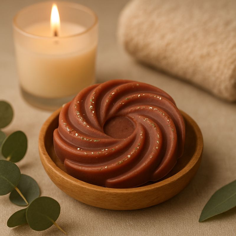 Fondant Parfumé Spirale Douceur du Canada, le fondant est disposé sur un plateau en bois et il y a une bougie allumée à côté. 