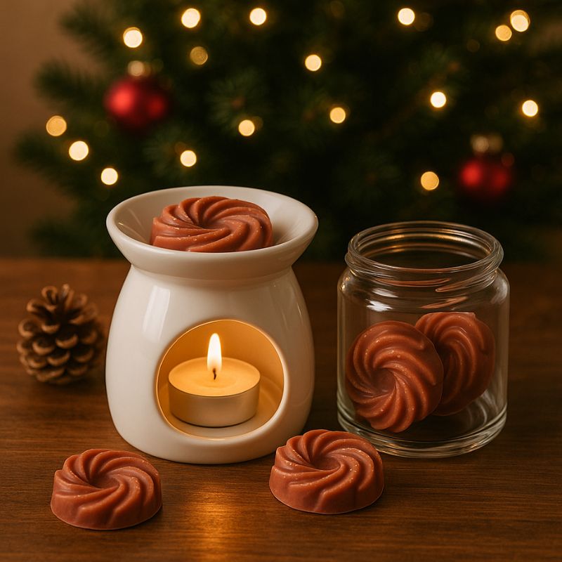 Fondant Parfumé Spirale Douceur du Canada, le fondant parfumé est disposé dans le brule parfum allumé, d'autres fondants parfumés sont dans un contenant en verre et posés sur une table en bois. Ambiance de Noël.
