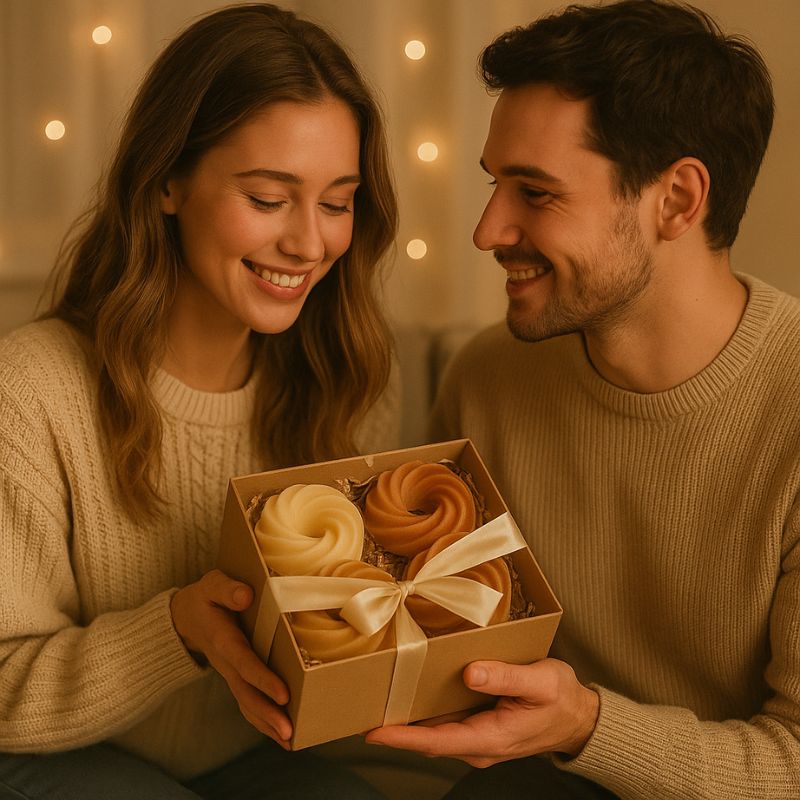 Fondant Parfumé Spirale Épicé, deux personnes s'offrent un coffret-cadeau avec les fondants parfumés.