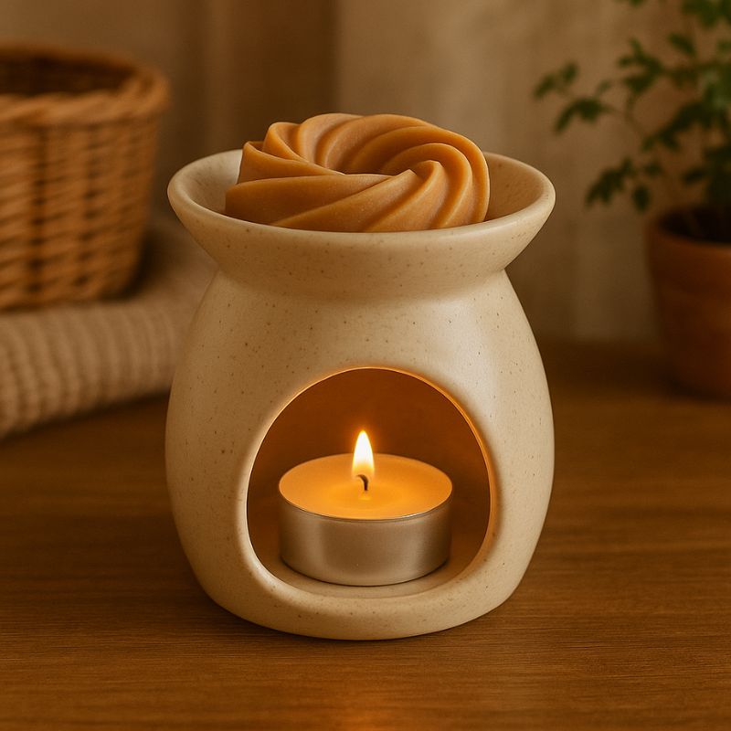 Fondant Parfumé Spirale Épicé, le fondant est dans le brûleur et il est allumé. Ambiance cosy.