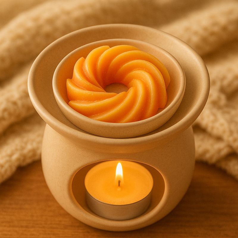 Fondant Parfumé Spirale Feu de Bois, le fondant est disposé dans le brûleur qui est allumé, le tout disposé sur une table et dans une ambiance cosy.
