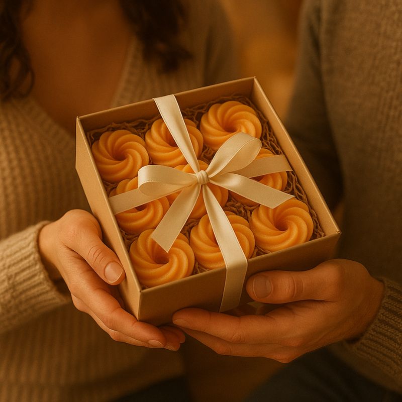Fondant Parfumé Spirale Feu de Bois, les fondants sont dans un coffret cadeau avec un nœud et deux personnes le tiennent dans les mains.
