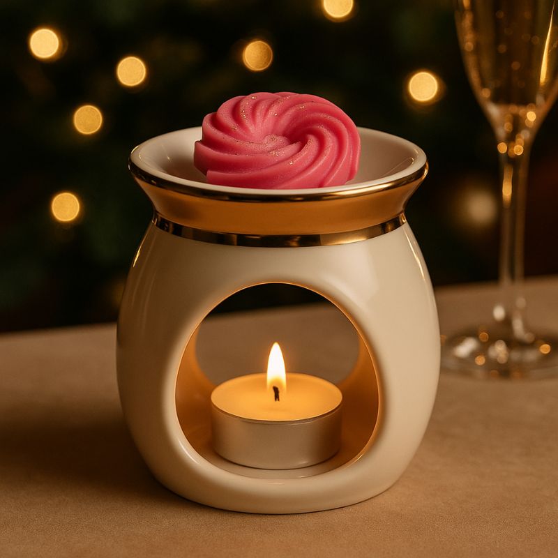 Fondant Parfumé Spirale Fruits Rouges, disposé dans un brûleur doré et allumé dans une ambiance festive.