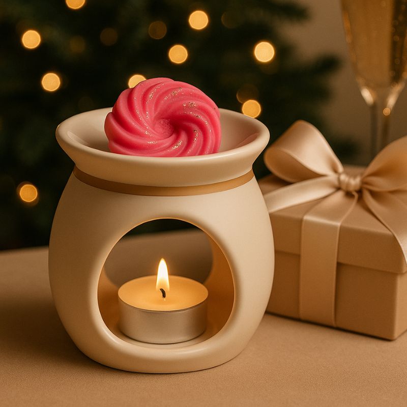 Fondant Parfumé Spirale Fruits Rouges, le fondant parfumé est disposé dans un brule parfum allumé, il y a un cadeau à côté. Ambiance festive.