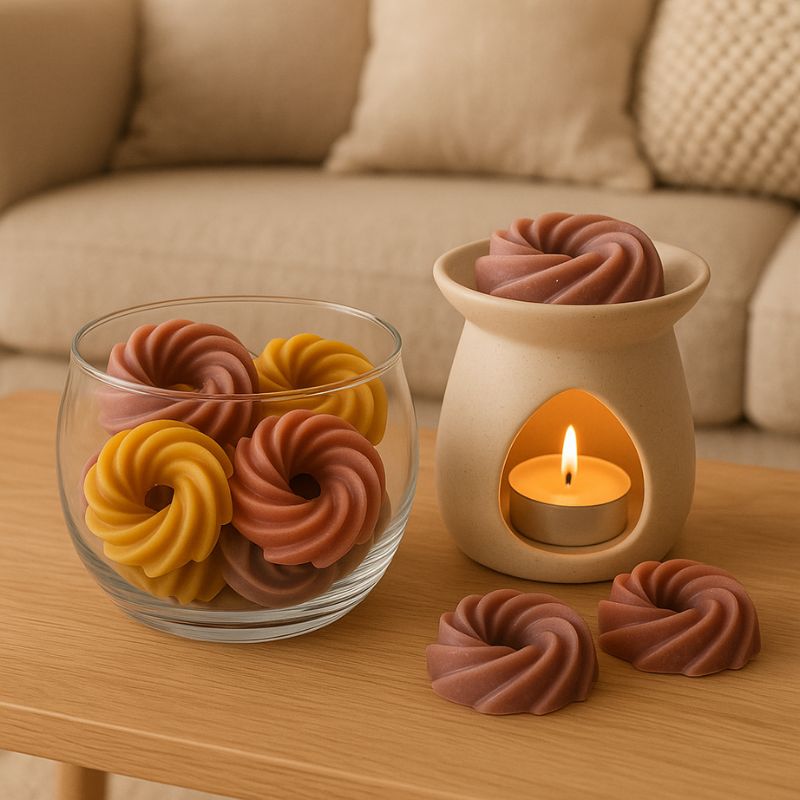 Fondant Parfumé Spirale Gourmand, des fondants sont dans un contenant en verre, et dans un brûleur allumé. Ambiance scandinave.