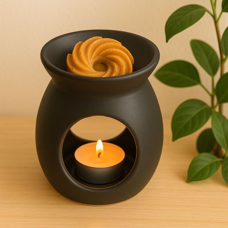 Fondant Parfumé Spirale Madeleine, disposé dans un brûle parfum noir et dans une ambiance zen.