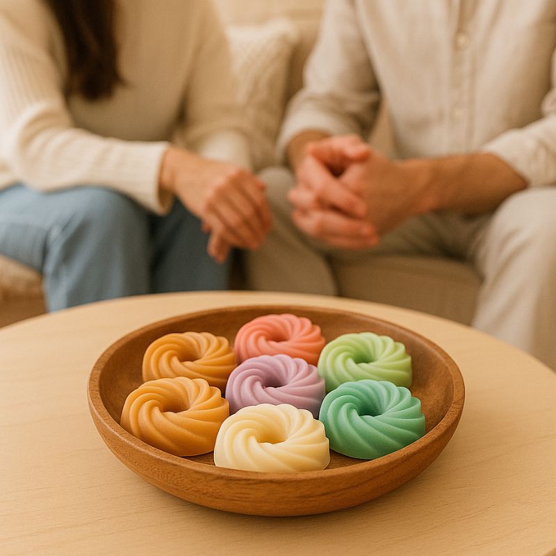 Fondant Parfumé Spirale Madeleine, plusieurs fondants sont disposés dans un contenant en bois et posé sur une table basse, dans une ambiance scandinave.