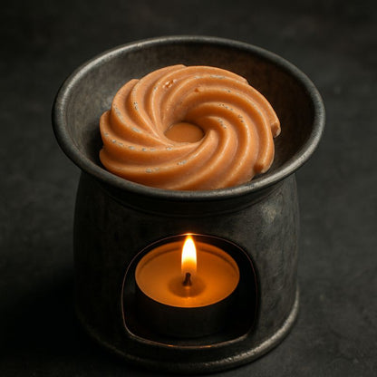 Fondant Parfumé Spirale Marron Glacé, disposé dans un brûleur allumé et dans un style industriel.