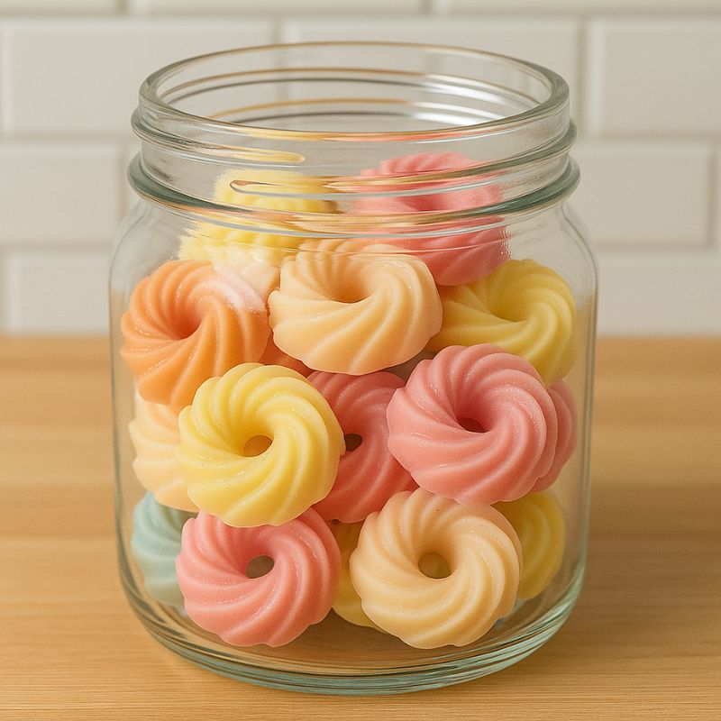 Fondant Parfumé Spirale Marron Glacé, dans un contenant en verre avec plusieurs couleurs de fondant.