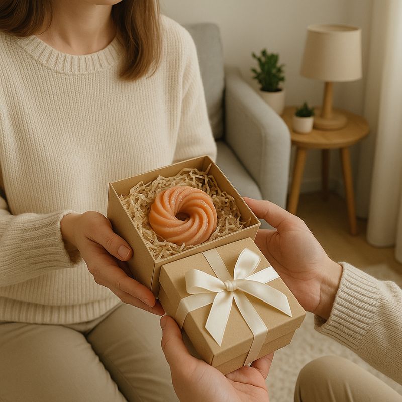 Fondant Parfumé Spirale Marron Glacé, présenté dans un coffret cadeau deux personnes s'échangent des cadeaux. Ambiance scandinave.