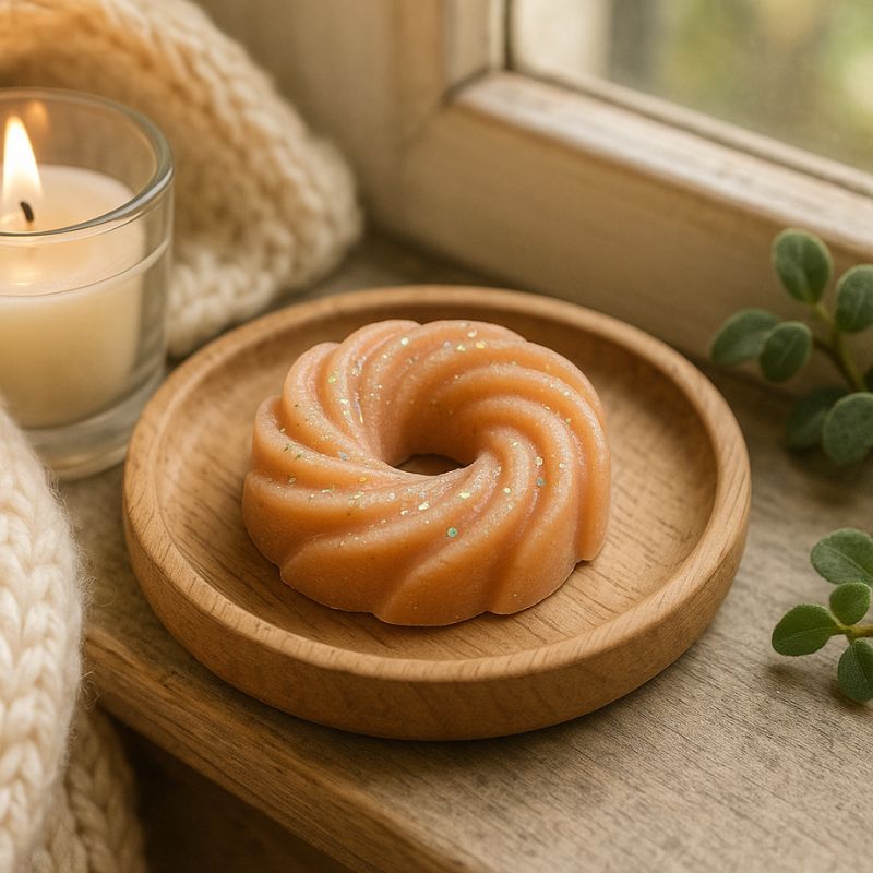 Fondant Parfumé Spirale Marron Glacé, il est présenté dans une coupe en bois et posé près d'une fenêtre.